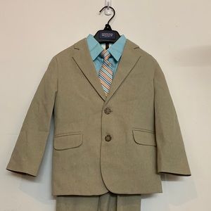 Arrow Child’s Khaki Suit 4PC Set with Blue Shirt,  Striped Tie, Pant and Blazer